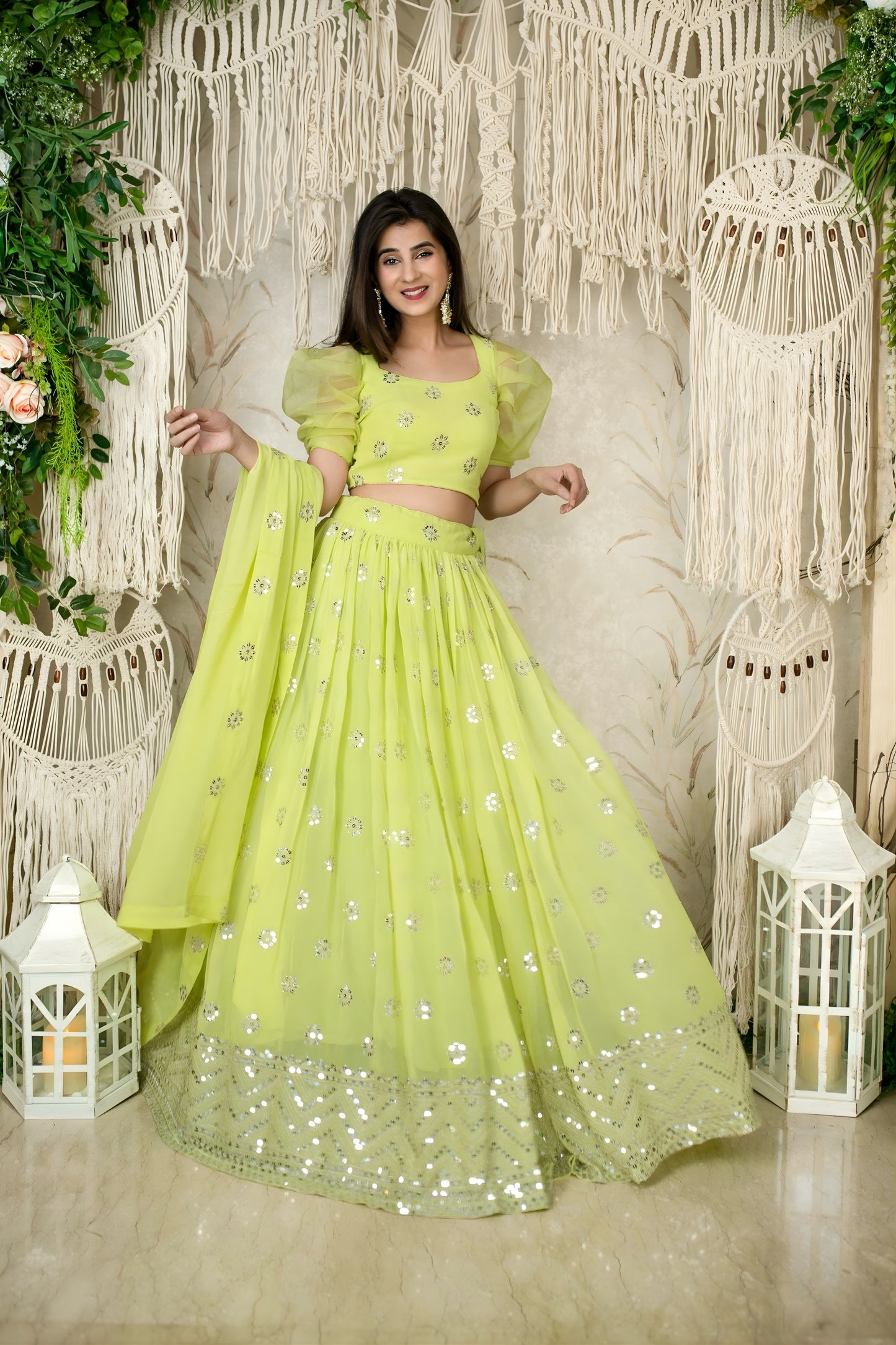 Fancy Lime Green Embellished Georgette Lehenga Choli with Puff Sleeves and Dupatta for Wedding