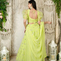 Fancy Lime Green Embellished Georgette Lehenga Choli with Puff Sleeves and Dupatta for Wedding