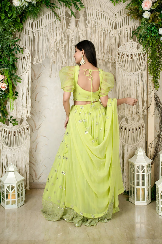 Fancy Lime Green Embellished Georgette Lehenga Choli with Puff Sleeves and Dupatta for Wedding