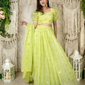 Fancy Lime Green Embellished Georgette Lehenga Choli with Puff Sleeves and Dupatta for Wedding
