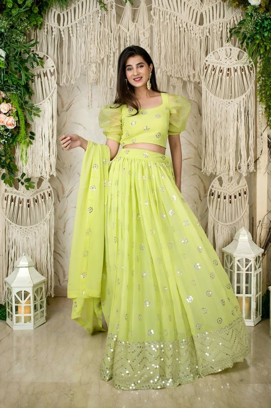 Fancy Lime Green Embellished Georgette Lehenga Choli with Puff Sleeves and Dupatta for Wedding
