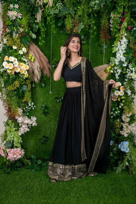 Stylish Black Embellished Georgette Lehenga Choli with Dupatta for Wedding