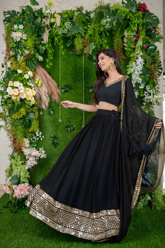 Stylish Black Embellished Georgette Lehenga Choli with Dupatta for Wedding