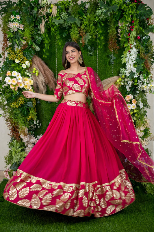 Superb Rani Pink Embroidered Georgette Lehenga Choli with Dupatta for Wedding