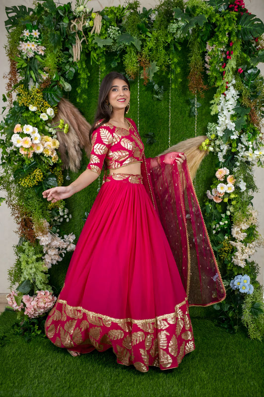 Superb Rani Pink Embroidered Georgette Lehenga Choli with Dupatta for Wedding