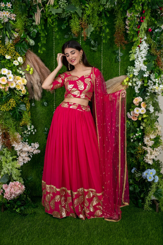 Superb Rani Pink Embroidered Georgette Lehenga Choli with Dupatta for Wedding