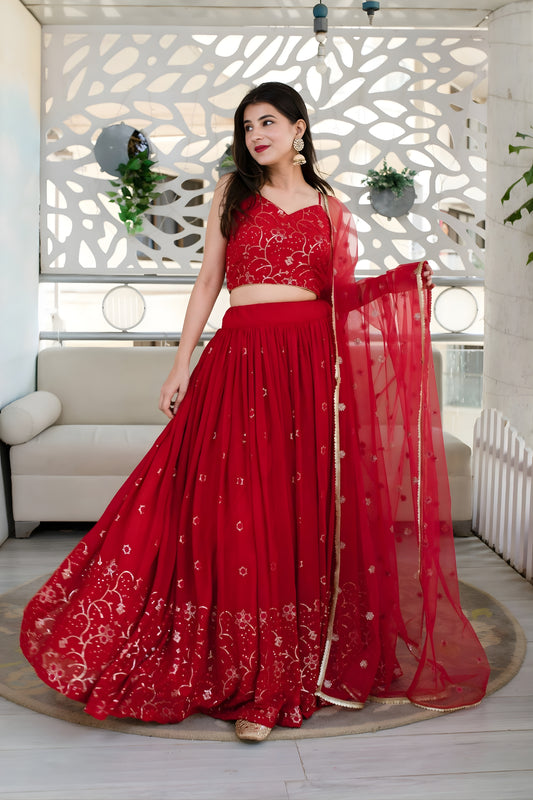 Graceful Red Embroidered Georgette Lehenga Choli with Dupatta for Wedding