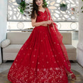 Graceful Red Embroidered Georgette Lehenga Choli with Dupatta for Wedding