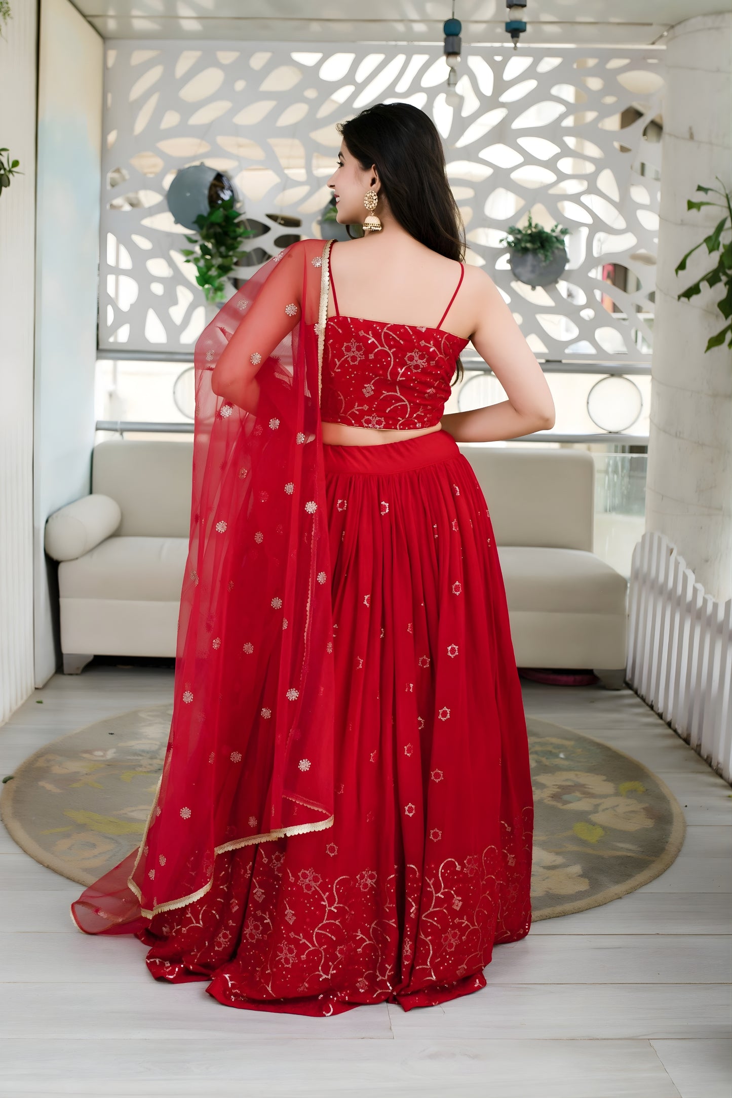 Graceful Red Embroidered Georgette Lehenga Choli with Dupatta for Wedding