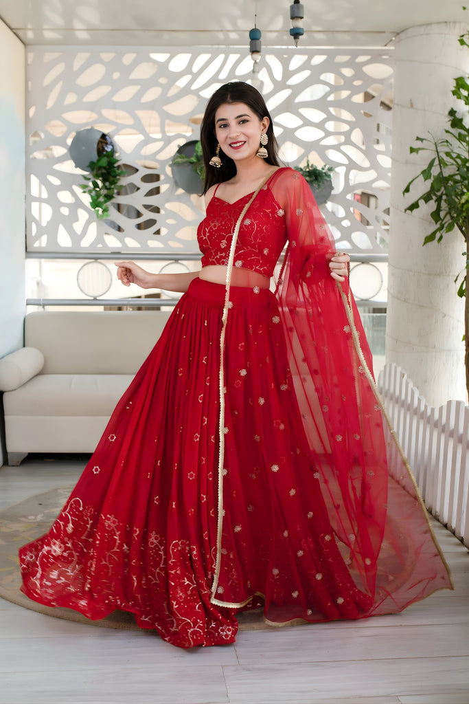 Graceful Red Embroidered Georgette Lehenga Choli with Dupatta for Wedding