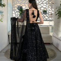 Trendy Black Embellished Velvet Lehenga Choli with Dupatta for Wedding