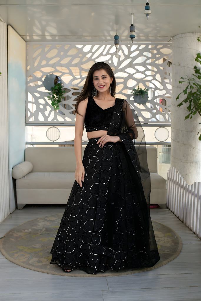 Trendy Black Embellished Velvet Lehenga Choli with Dupatta for Wedding