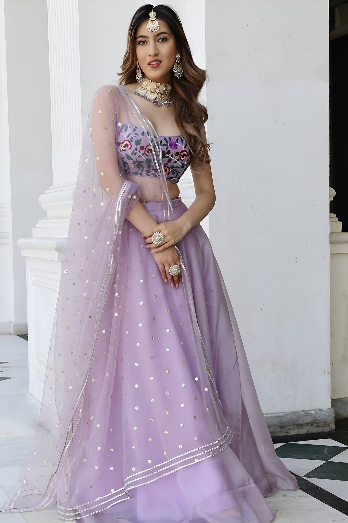 Elegant Lavender Organza Designer Lehenga Choli with Embroidered Work and Dupatta