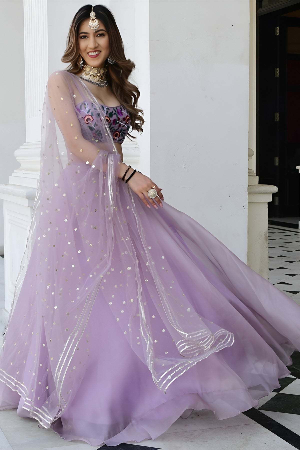 Elegant Lavender Organza Designer Lehenga Choli with Embroidered Work and Dupatta