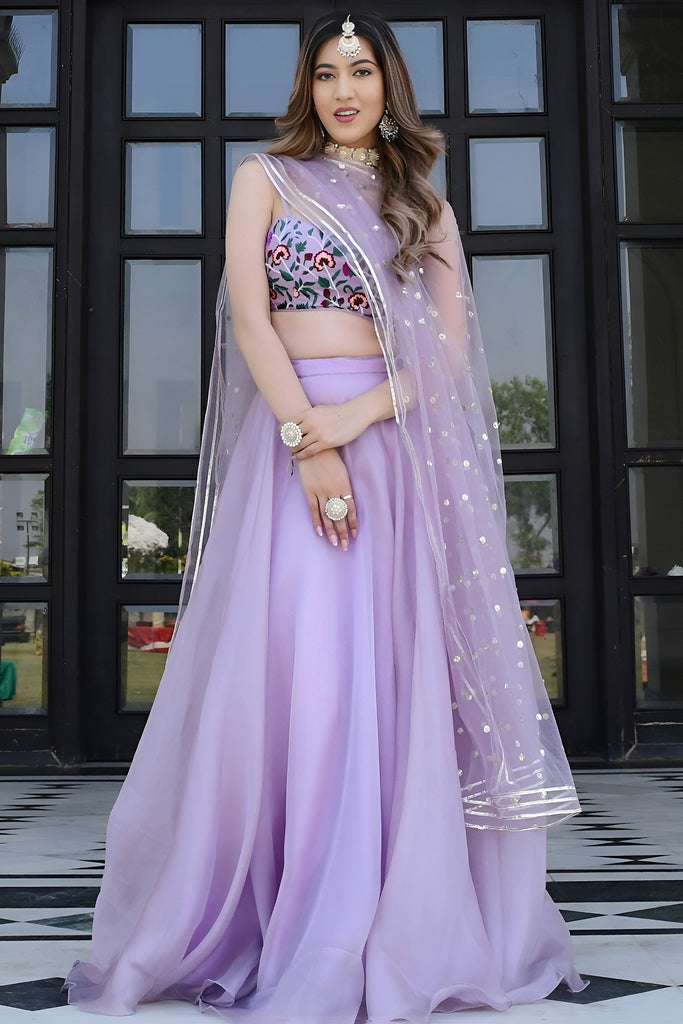 Elegant Lavender Organza Designer Lehenga Choli with Embroidered Work and Dupatta