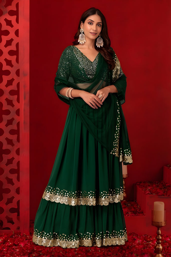 Elegant Dark Green Georgette Embroidered Wedding Lehenga Choli with Dupatta