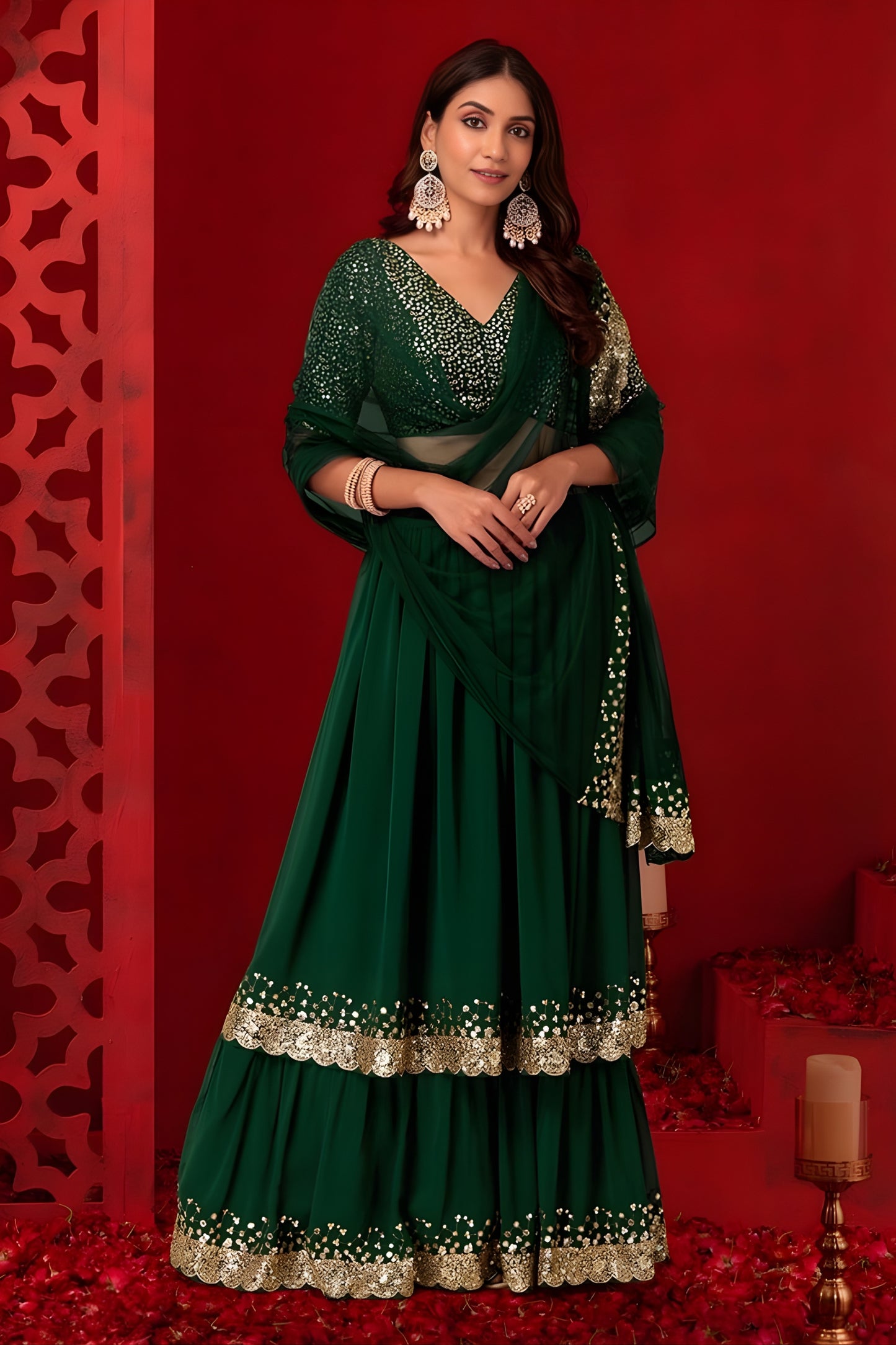 Elegant Dark Green Georgette Embroidered Wedding Lehenga Choli with Dupatta