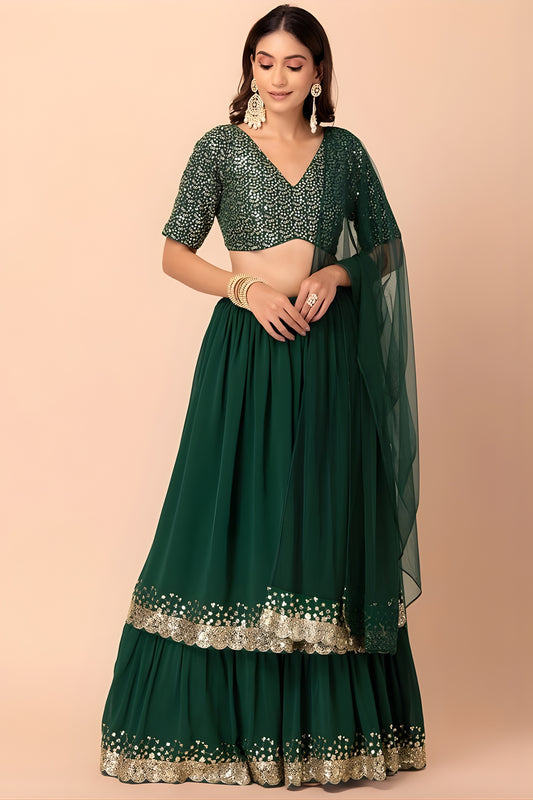 Elegant Dark Green Georgette Embroidered Wedding Lehenga Choli with Dupatta