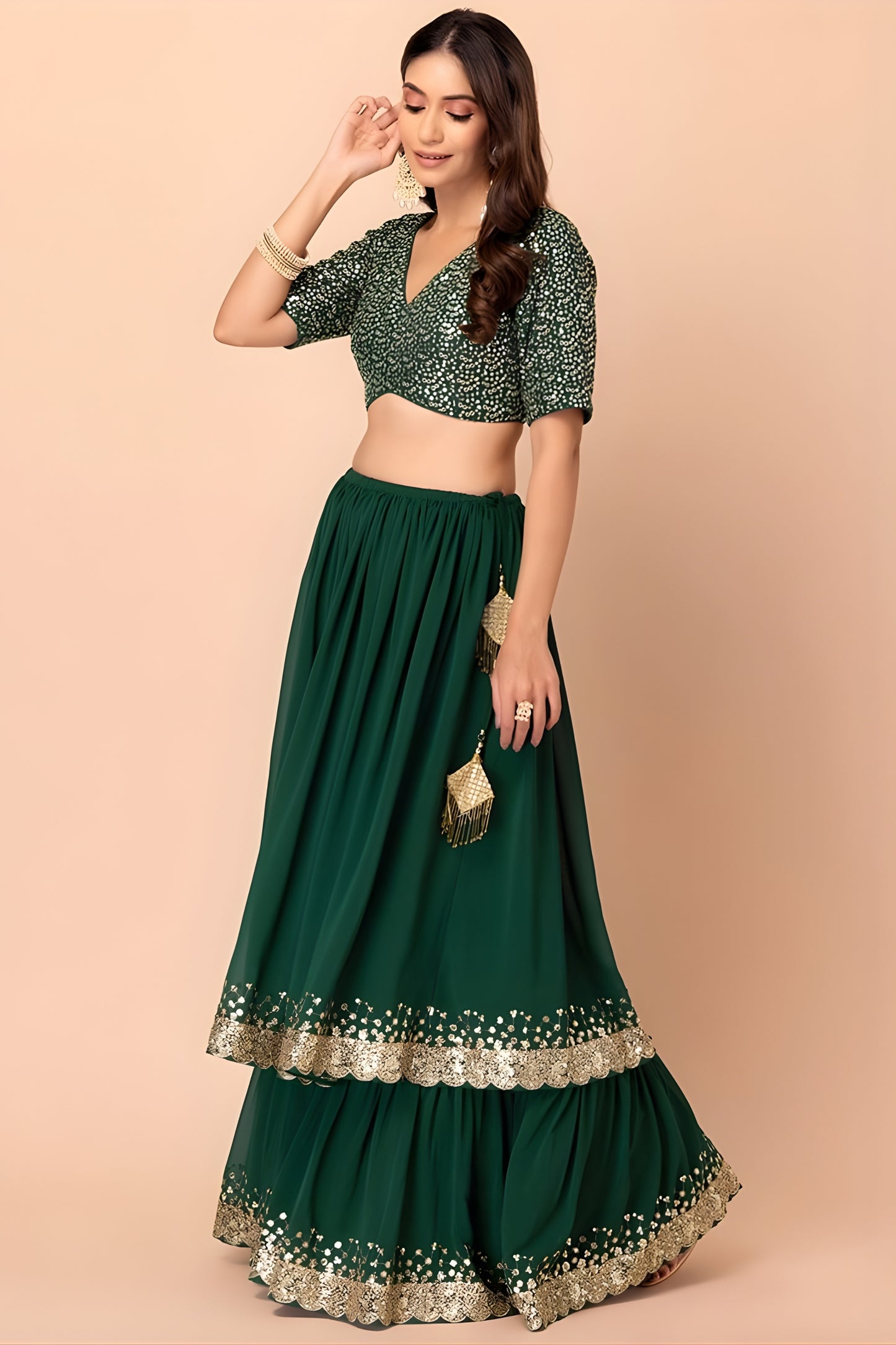 Elegant Dark Green Georgette Embroidered Wedding Lehenga Choli with Dupatta