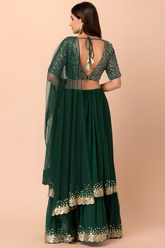 Elegant Dark Green Georgette Embroidered Wedding Lehenga Choli with Dupatta