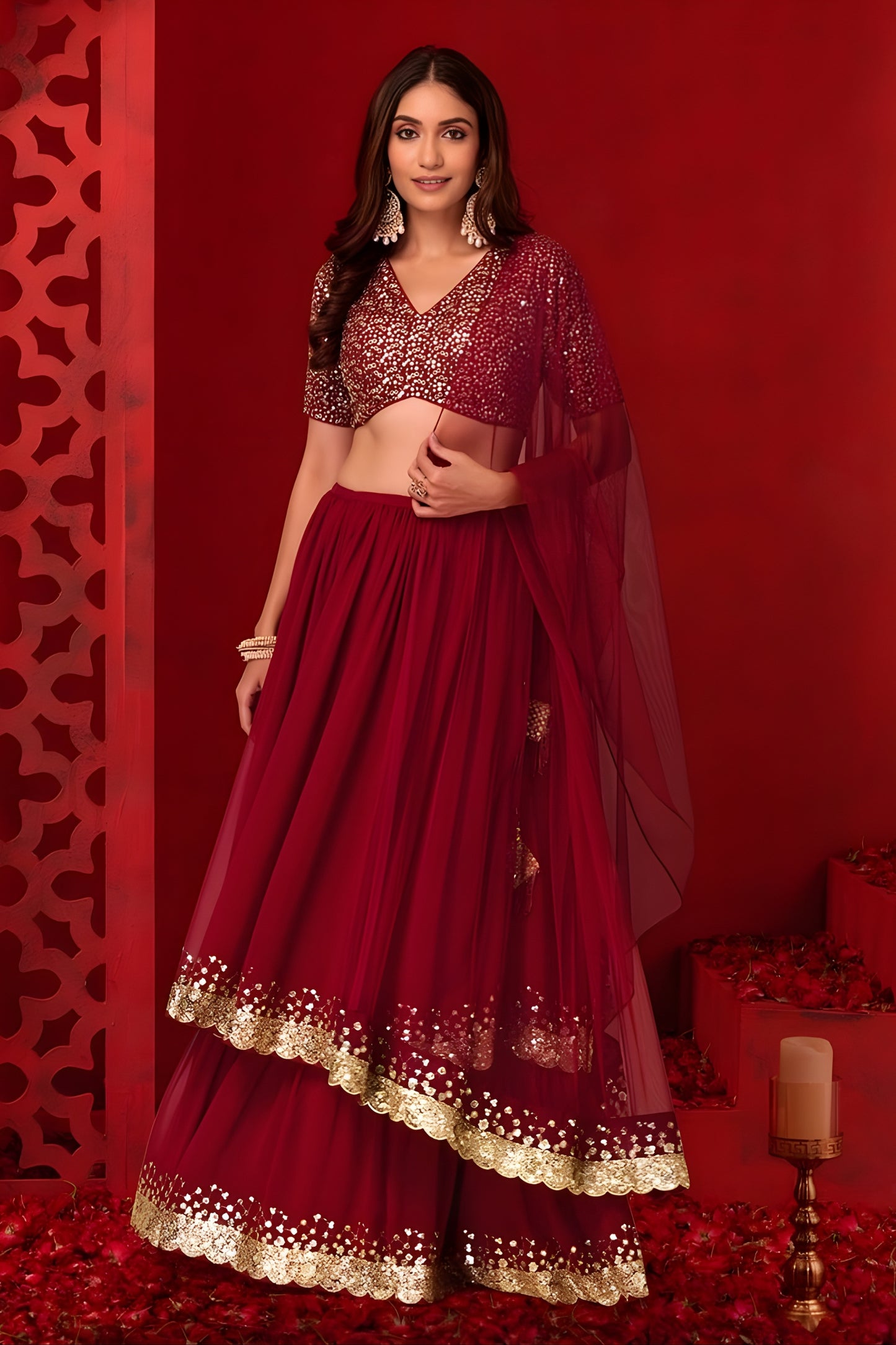 Stunning Red Georgette Embroidered Wedding Lehenga Choli with Dupatta