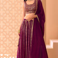 Royal Wine Georgette Embroidered Party Wear Lehenga Choli with Dupatta