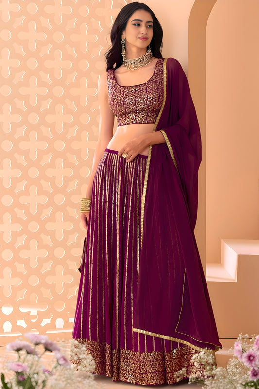 Royal Wine Georgette Embroidered Party Wear Lehenga Choli with Dupatta