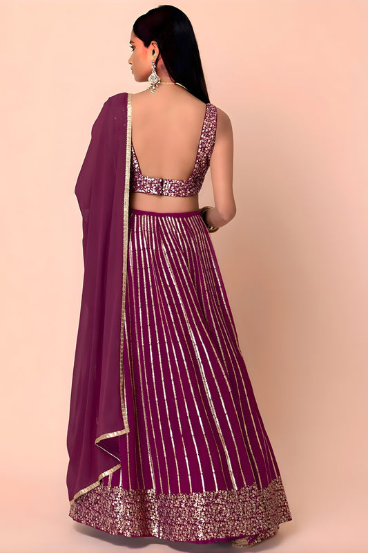 Royal Wine Georgette Embroidered Party Wear Lehenga Choli with Dupatta