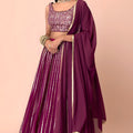 Royal Wine Georgette Embroidered Party Wear Lehenga Choli with Dupatta