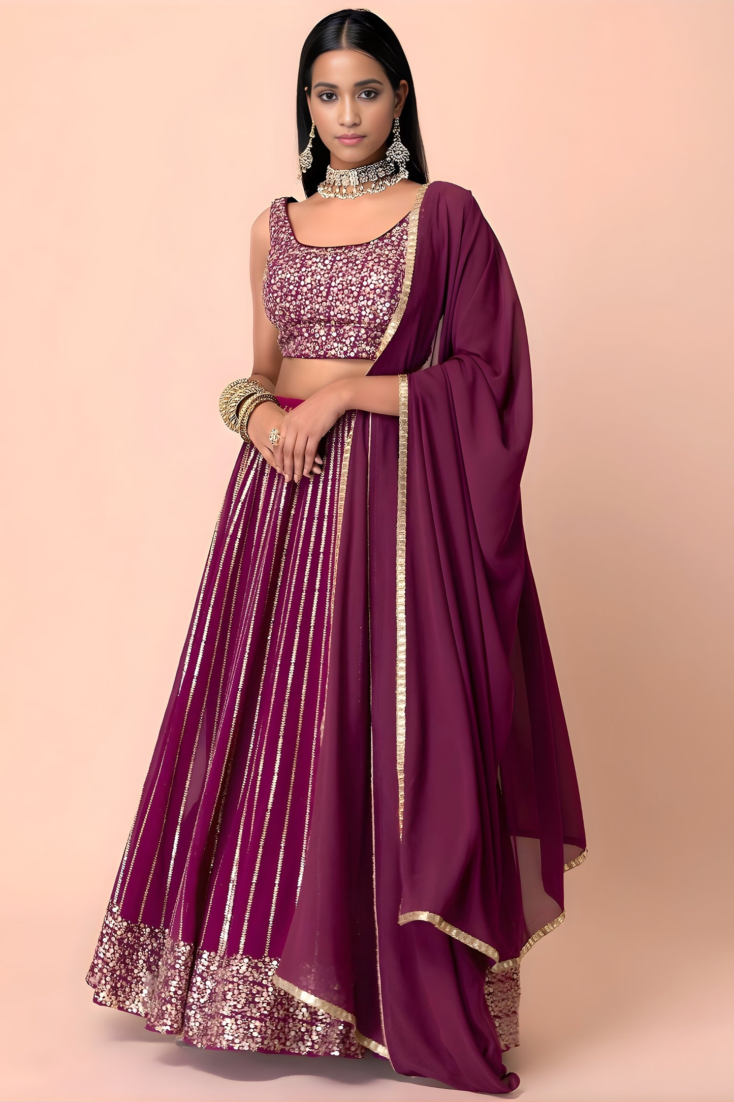 Royal Wine Georgette Embroidered Party Wear Lehenga Choli with Dupatta