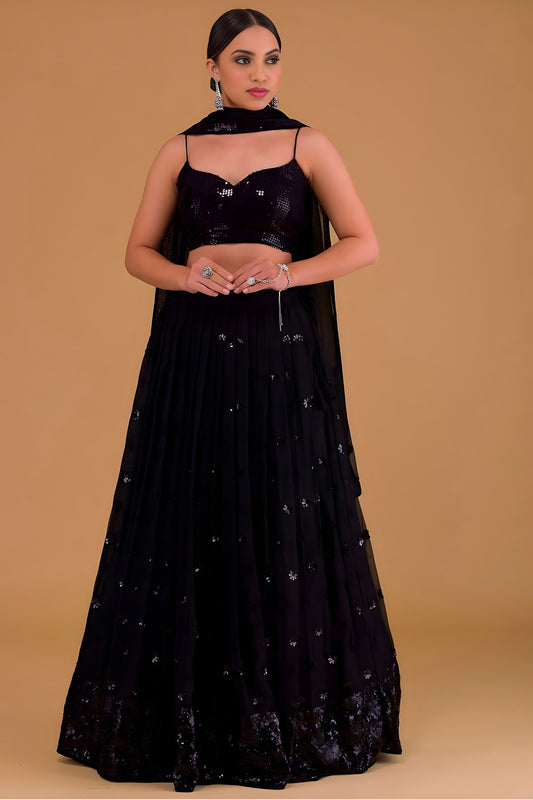 Elegant Black Georgette Embroidered Party Wear Lehenga Choli with Dupatta
