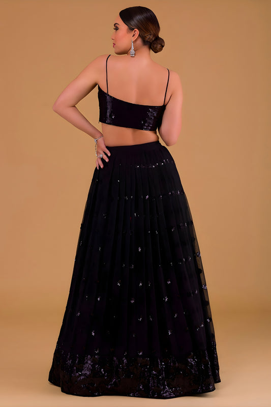 Elegant Black Georgette Embroidered Party Wear Lehenga Choli with Dupatta