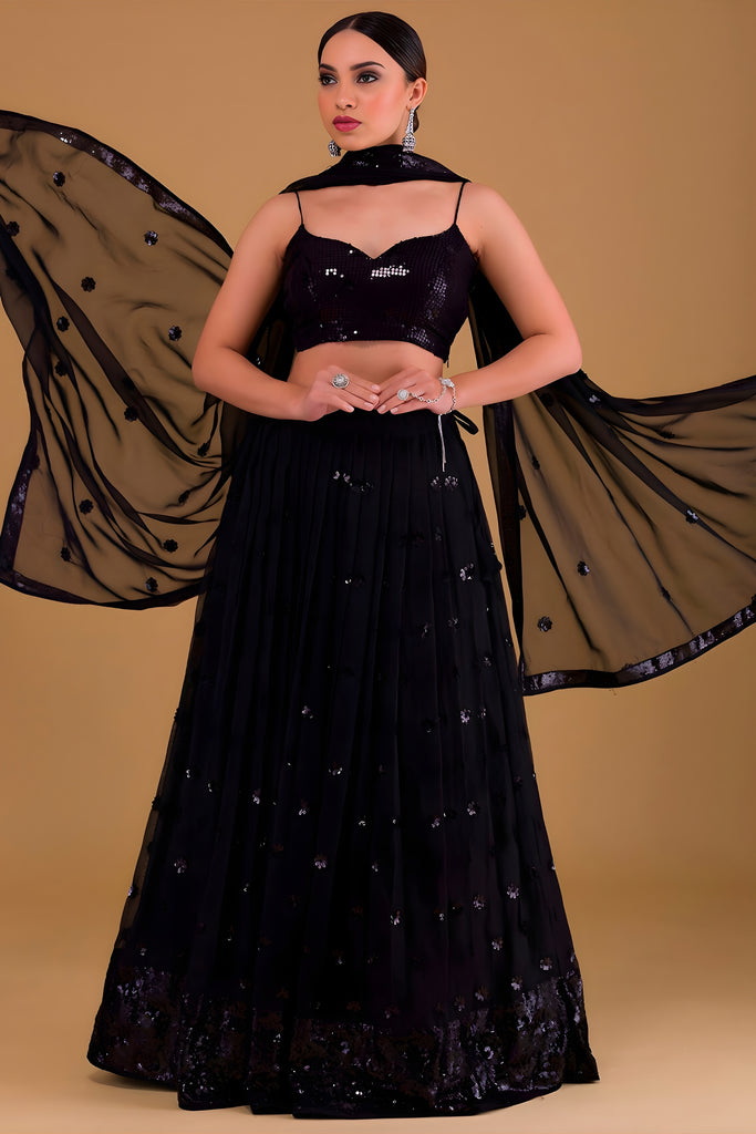 Elegant Black Georgette Embroidered Party Wear Lehenga Choli with Dupatta