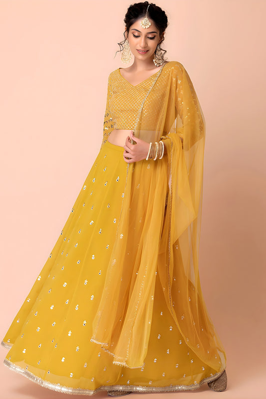 Stunning Mustard Yellow Georgette Embroidered Party Wear Lehenga Choli with Dupatta