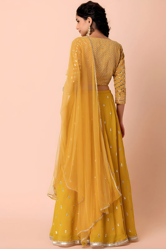 Stunning Mustard Yellow Georgette Embroidered Party Wear Lehenga Choli with Dupatta