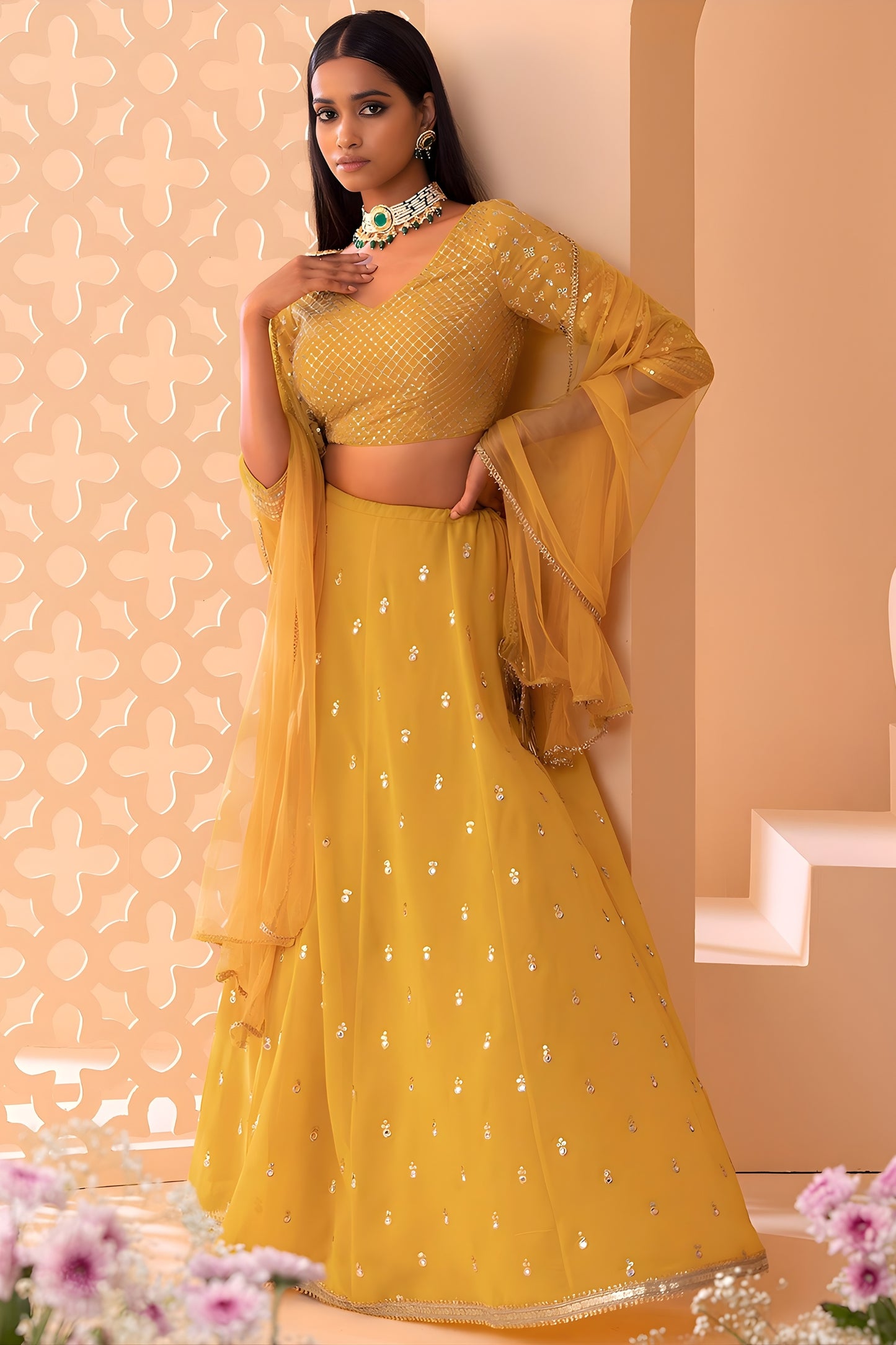 Stunning Mustard Yellow Georgette Embroidered Party Wear Lehenga Choli with Dupatta