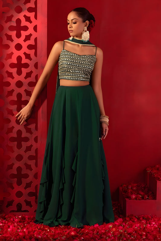 Stylish Dark Green Georgette Embroidered Wedding Lehenga Choli with Dupatta