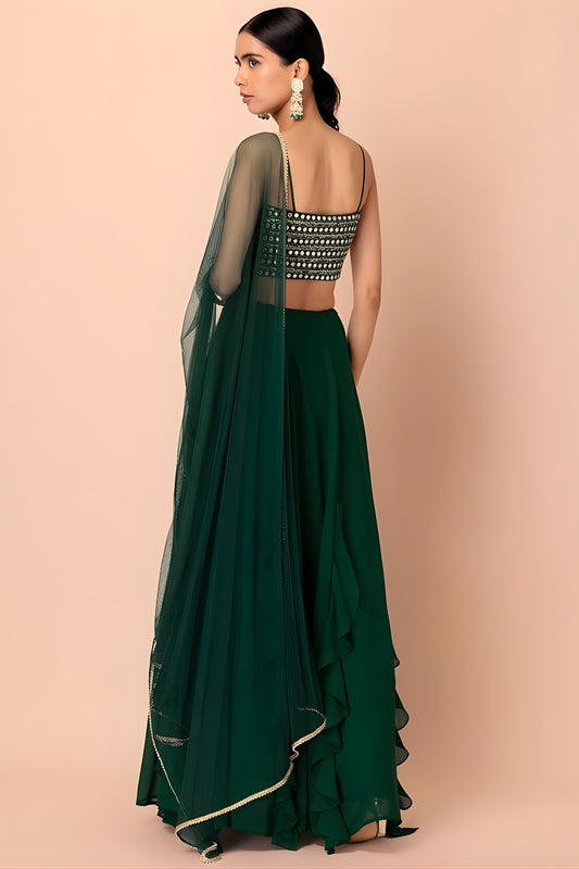 Stylish Dark Green Georgette Embroidered Wedding Lehenga Choli with Dupatta