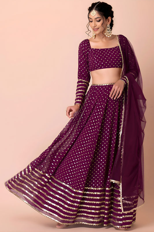 Stylish Wine Georgette Embroidered Party Wear Lehenga Choli with Dupatta