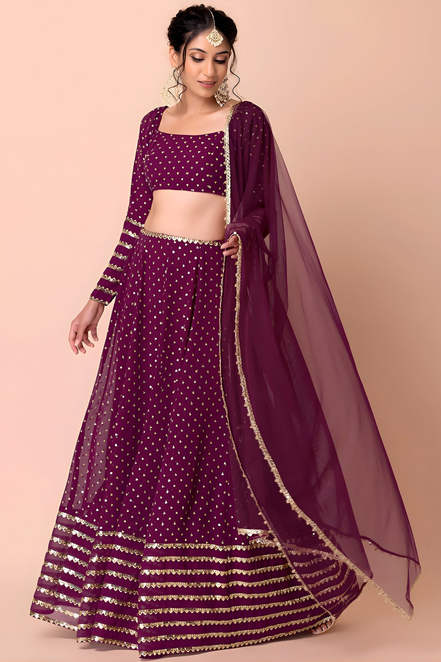 Stylish Wine Georgette Embroidered Party Wear Lehenga Choli with Dupatta