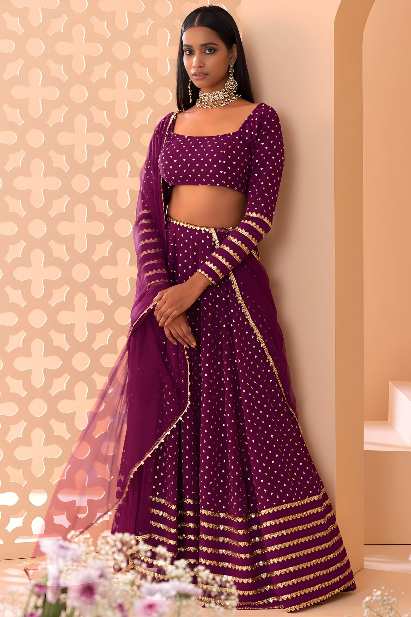 Stylish Wine Georgette Embroidered Party Wear Lehenga Choli with Dupatta 