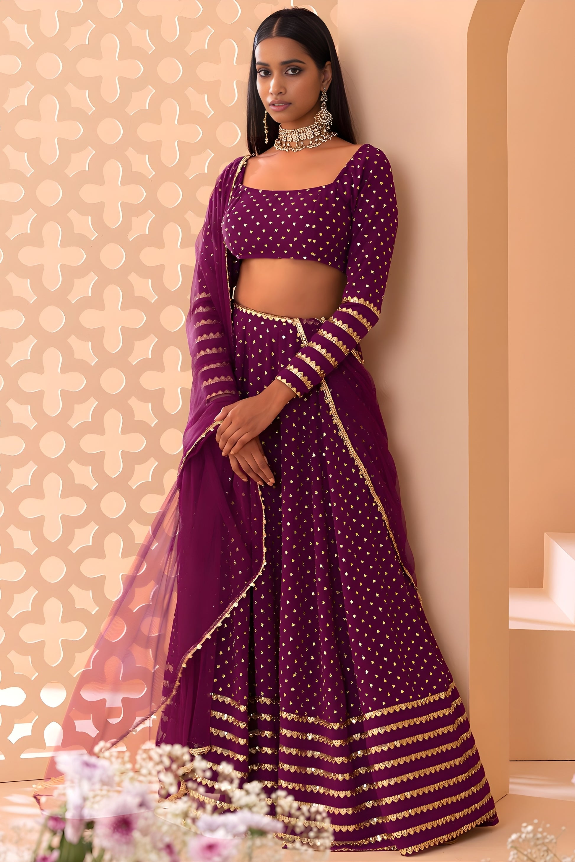 Stylish Wine Georgette Embroidered Party Wear Lehenga Choli with Dupatta 