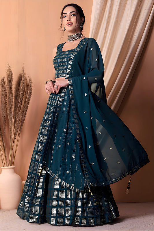 Elegant Teal Blue Embroidered Georgette Wedding Lehenga Choli with Matching Dupatta