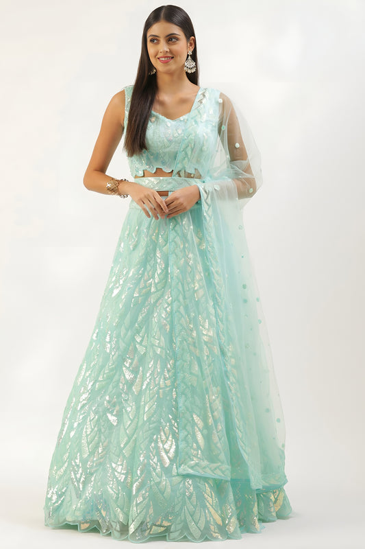 Stylish Sky Blue Soft Net Embroidered Lehenga Choli with Dupatta for Wedding