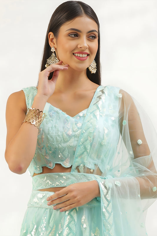 Stylish Sky Blue Soft Net Embroidered Lehenga Choli with Dupatta for Wedding