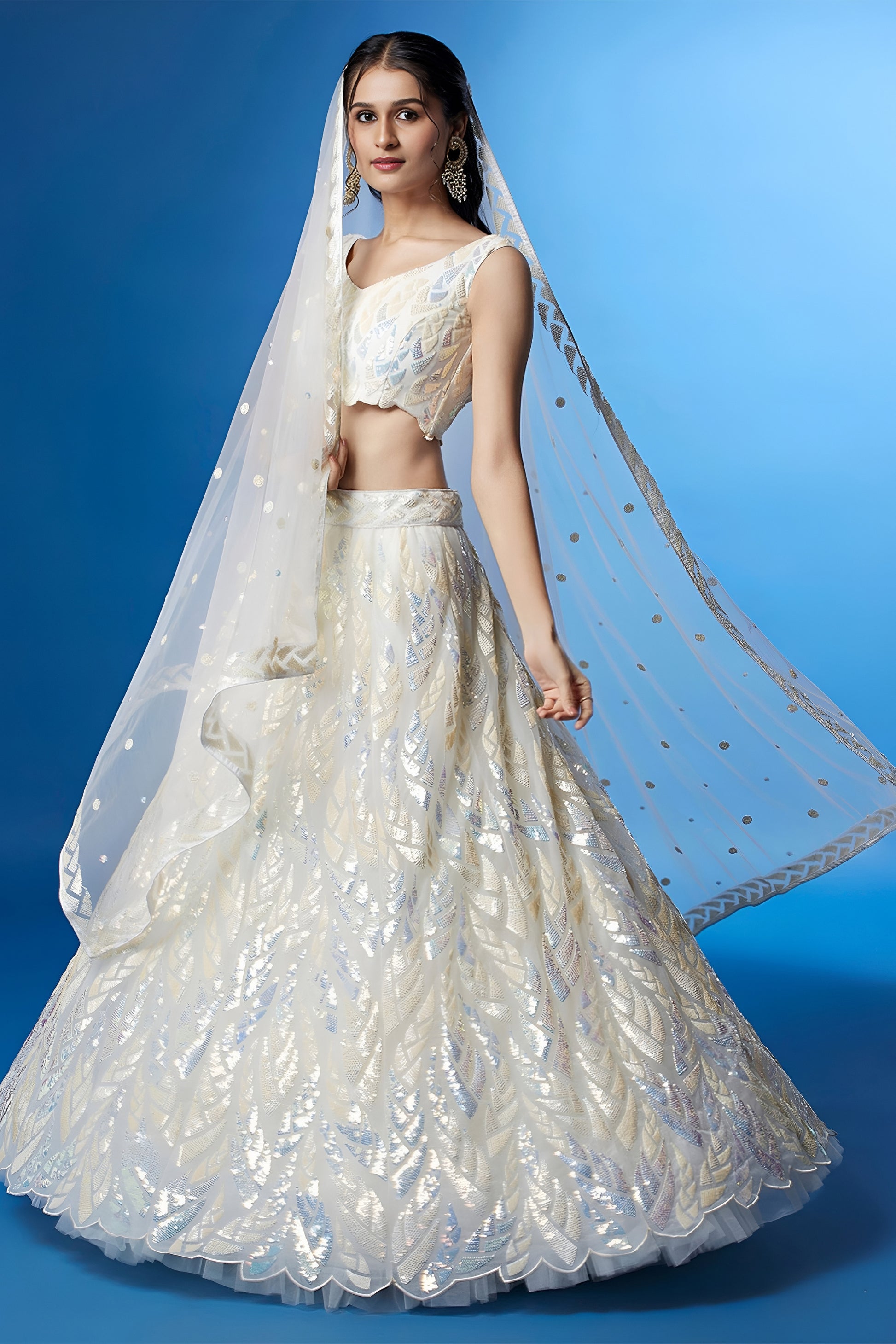 Elegant White Soft Net Embroidered Lehenga Choli with Dupatta for Wedding