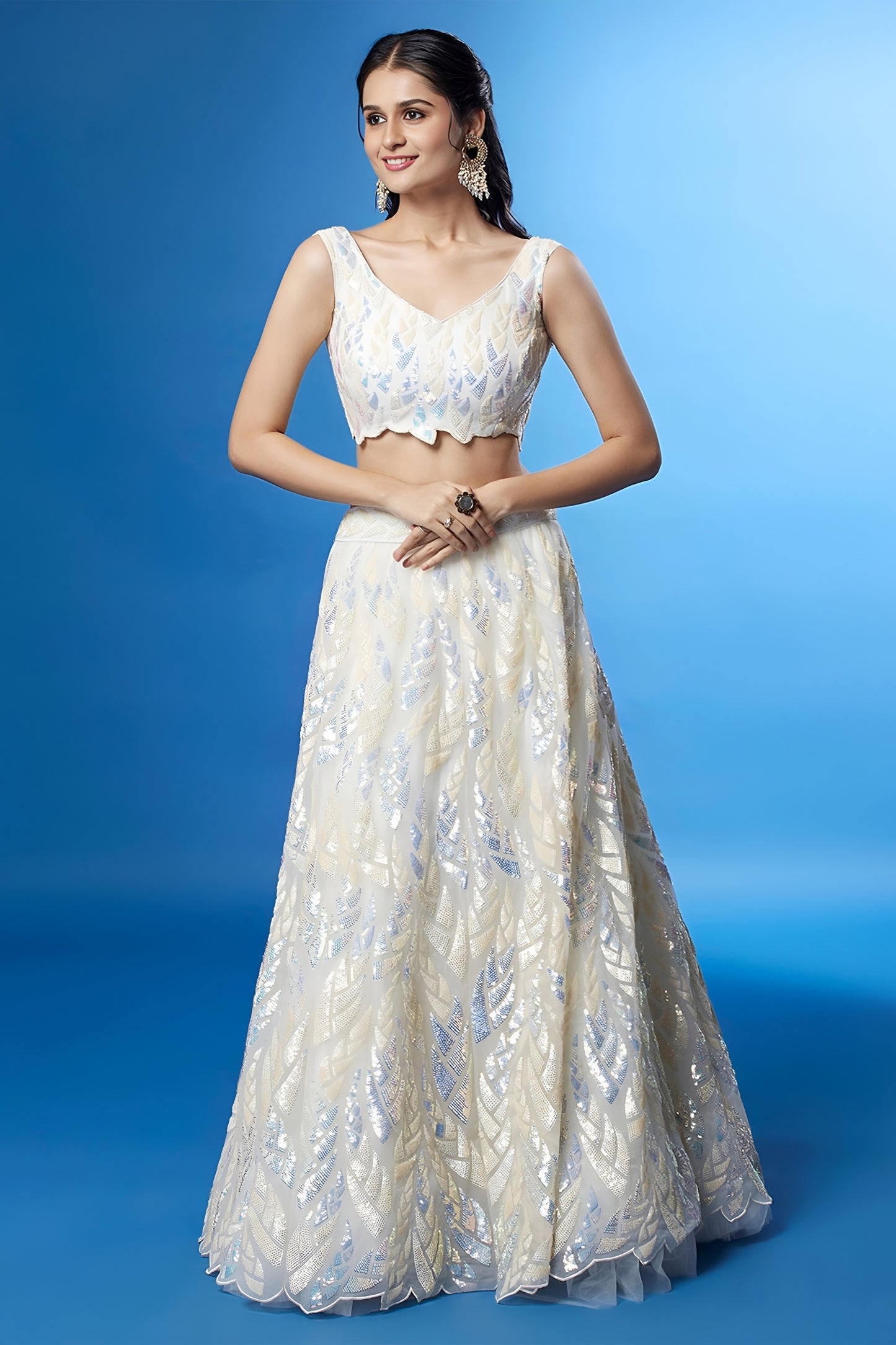 Elegant White Soft Net Embroidered Lehenga Choli with Dupatta for Wedding