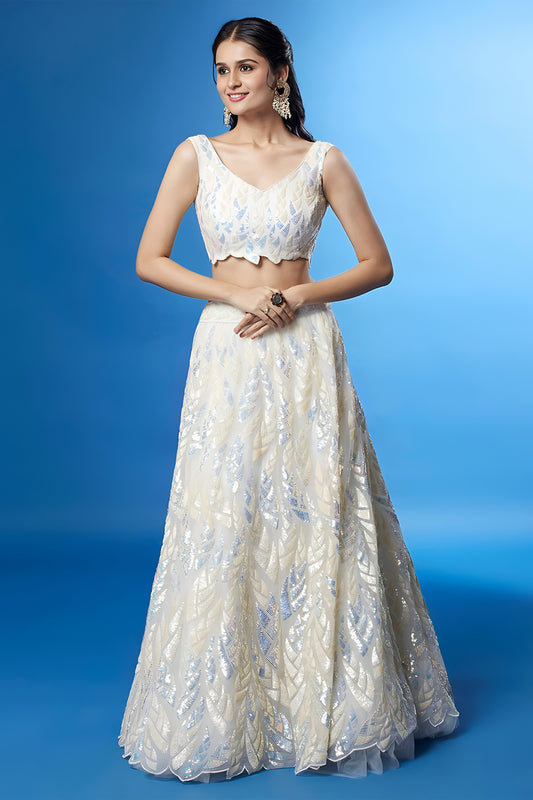 Elegant White Soft Net Embroidered Lehenga Choli with Dupatta for Wedding