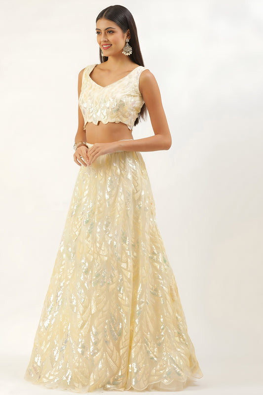 Fancy Yellow Soft Net Embroidered Lehenga Choli with Dupatta for Wedding