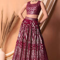 Trendy Wine Embroidered Georgette Wedding Lehenga Choli with Matching Dupatta